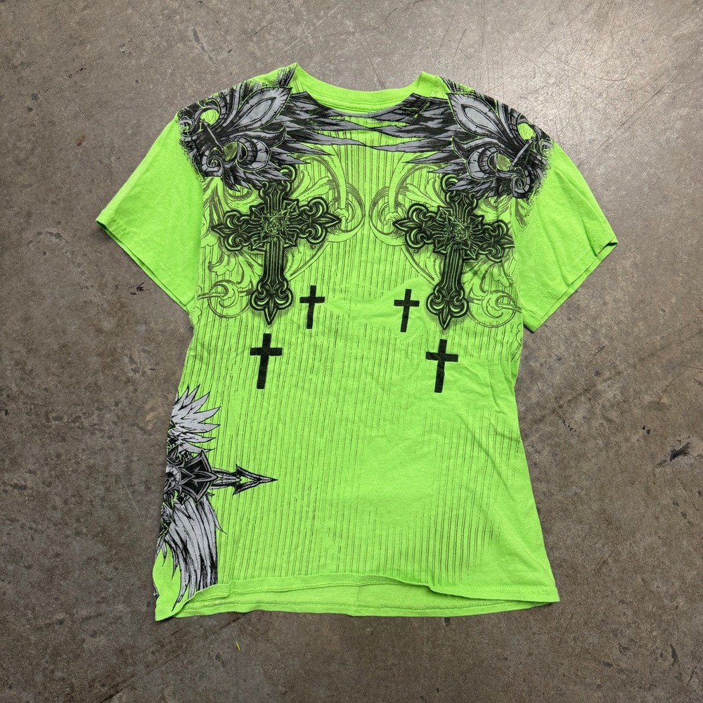 MMA Elite Mens Neon Green Graphic T-Shirt Cross Wings Y2K Cyber Grunge Small